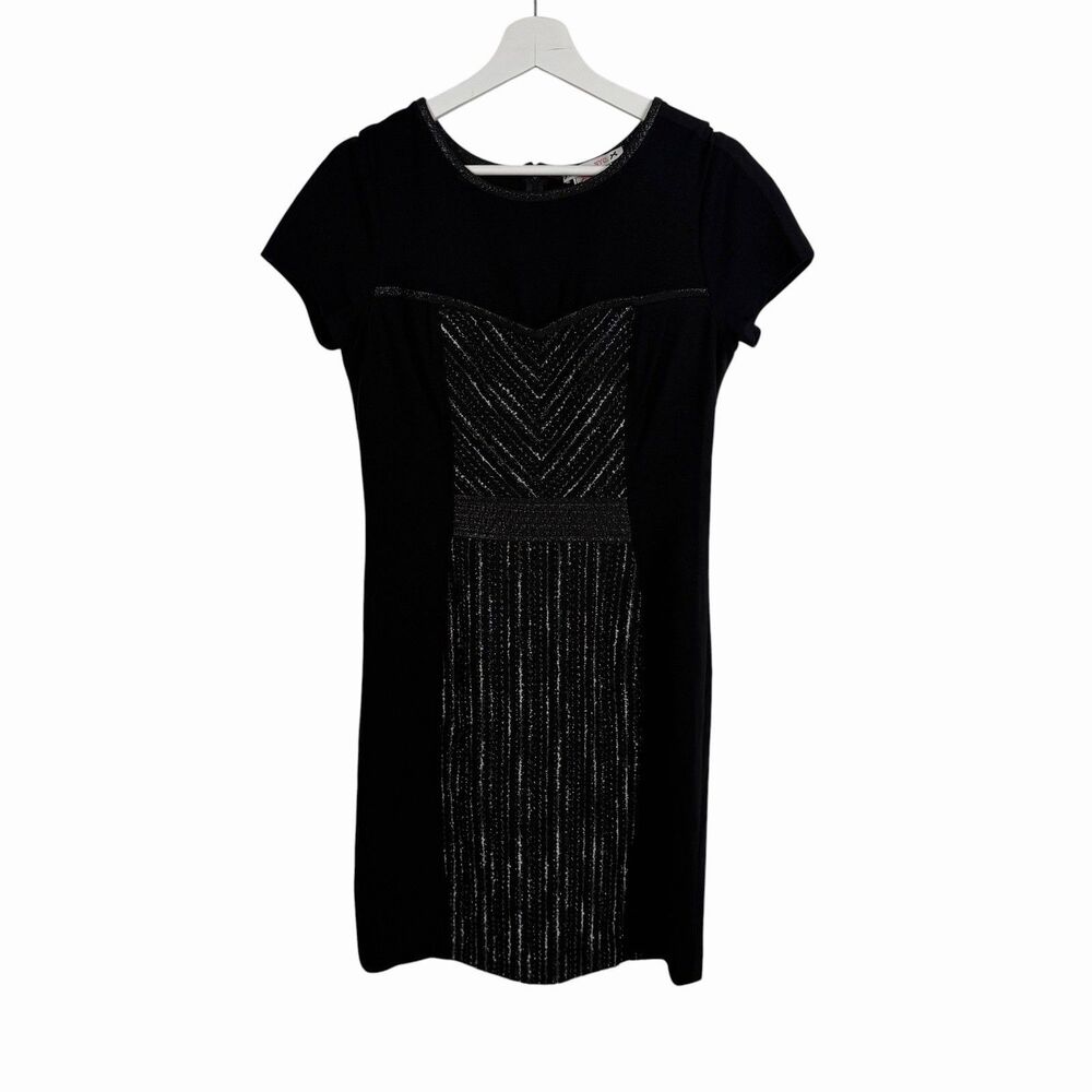 Yoana Baraschi Dress 10 Black Ponte Tweed Sheath Cap Sleeve LBD Old Money Office